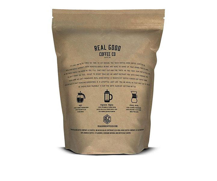Back of Real Good Coffee Decaf Medium Roast Coffee Bag