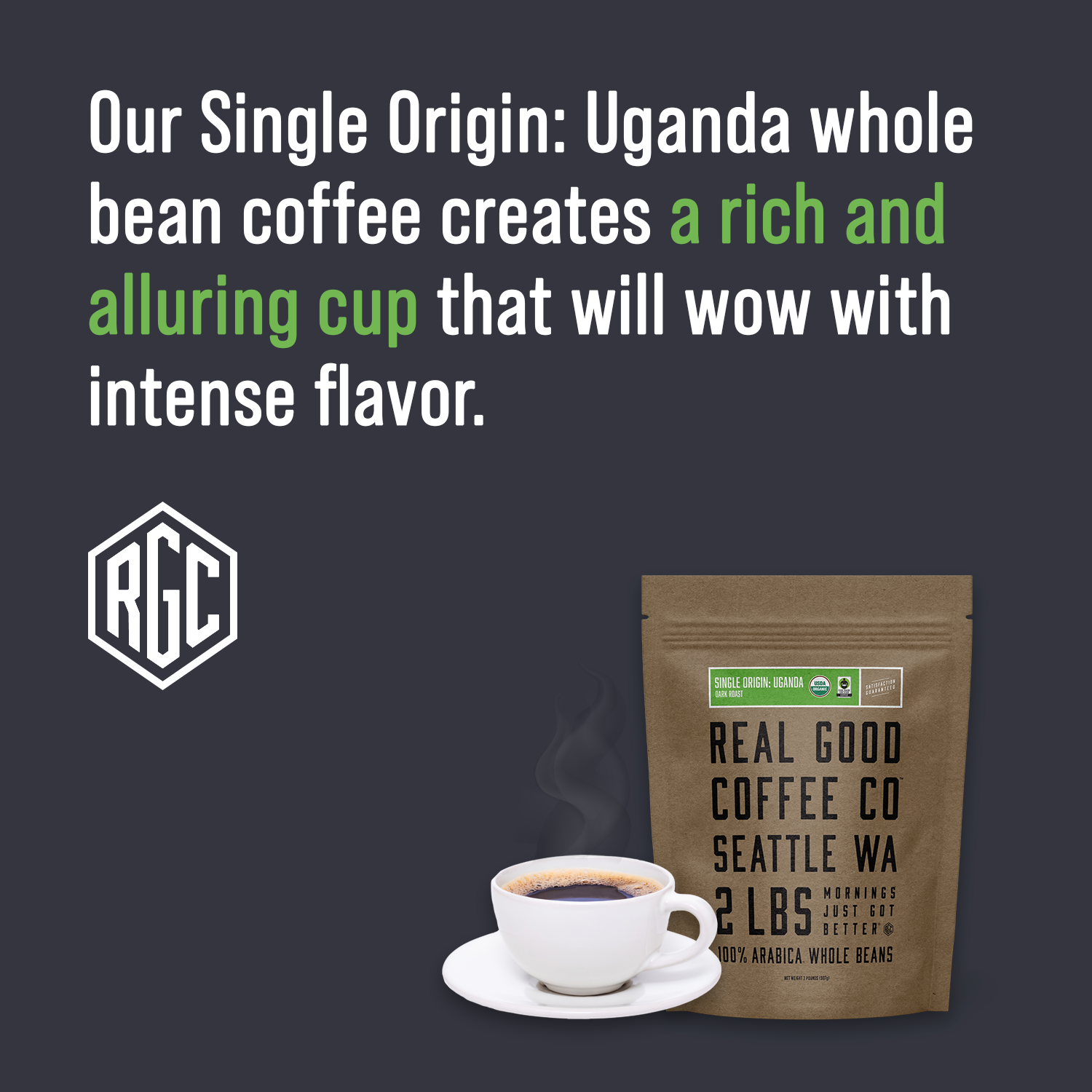 Fair Trade Single Origin: Uganda Dark Roast Whole Bean Coffee 2 LB